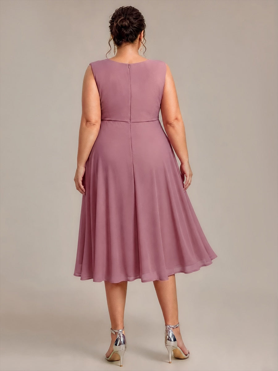 Robe midi sans manches en V avec fermeture éclair au dos coupe A non élastique #Couleur_Orchidee