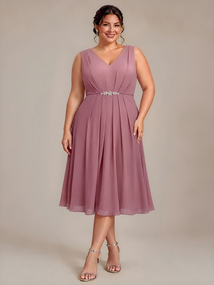 Robe midi sans manches en V avec fermeture éclair au dos coupe A non élastique #Couleur_Orchidee