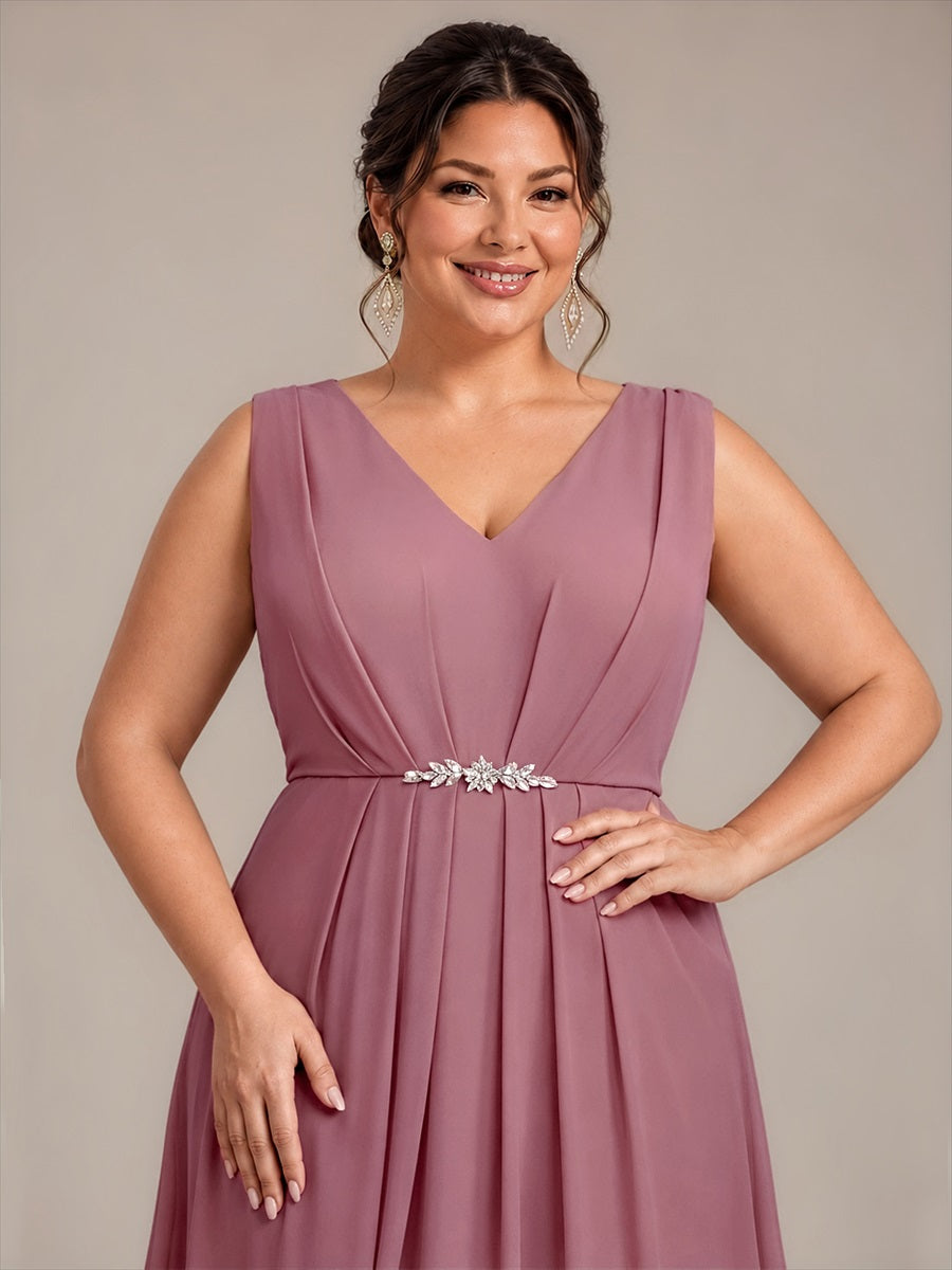 Robe midi sans manches en V avec fermeture éclair au dos coupe A non élastique #Couleur_Orchidee