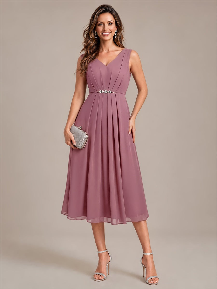 Robe midi sans manches en V avec fermeture éclair au dos coupe A non élastique #Couleur_Orchidee