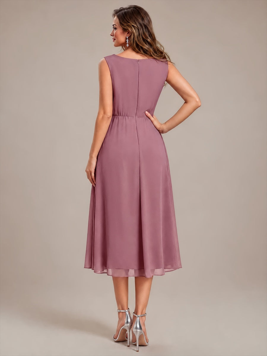 Robe midi sans manches en V avec fermeture éclair au dos coupe A non élastique #Couleur_Orchidee