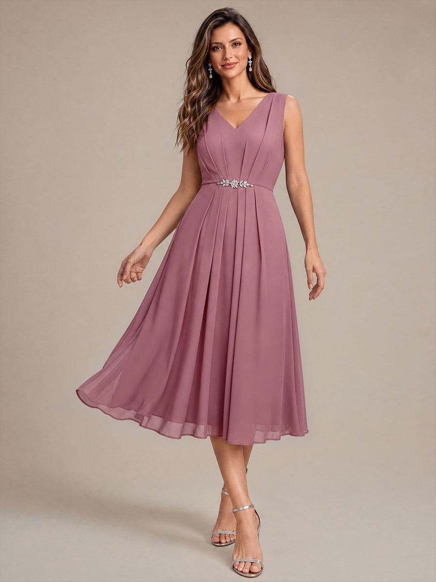 Robe midi sans manches en V avec fermeture éclair au dos coupe A non élastique #Couleur_Orchidee