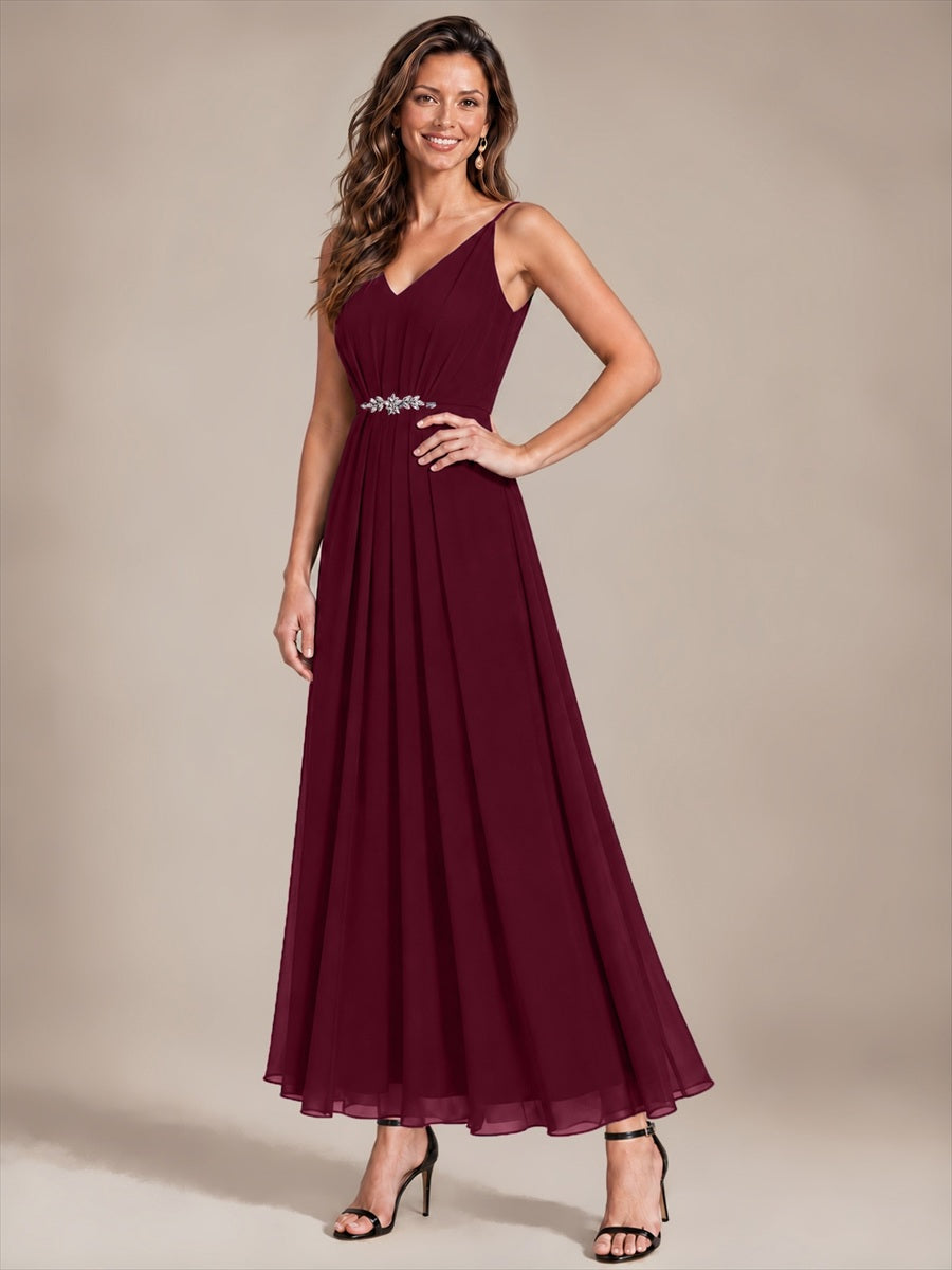 Mousseline Longueur Cheville Col V Sans Manches Robe Mariage Invitée #Couleur_Bordeaux