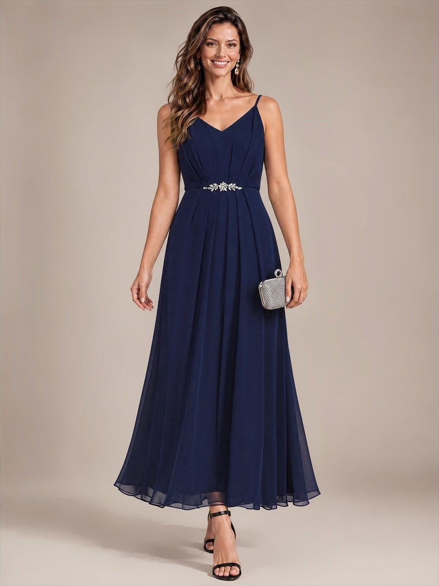 Mousseline Longueur Cheville Col V Sans Manches Robe Mariage Invitée #Couleur_Bleu Marine