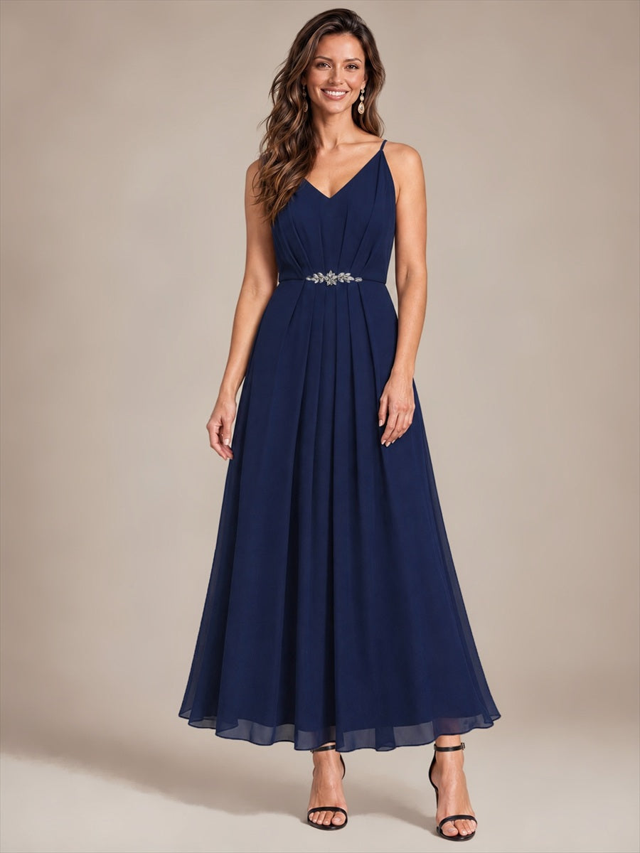 Mousseline Longueur Cheville Col V Sans Manches Robe Mariage Invitée #Couleur_Bleu Marine