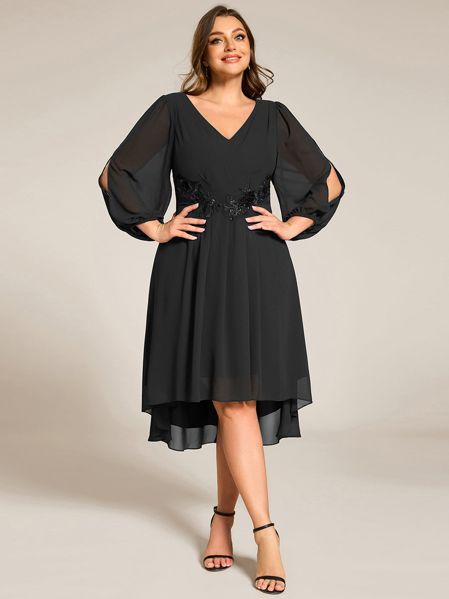 Robe d'invitée de mariage en mousseline à manches longues et col en V grande taille? #Couleur_Noir