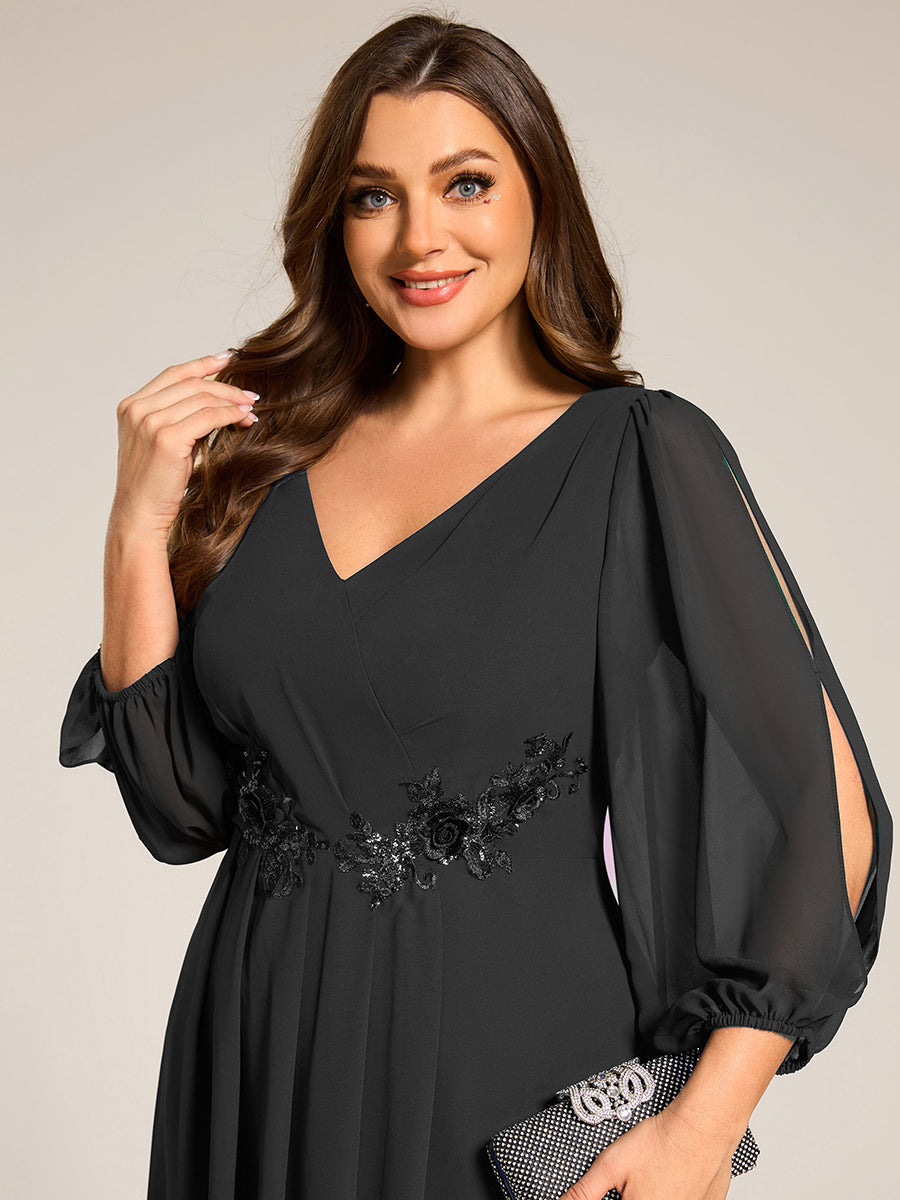 Robe d'invitée de mariage en mousseline à manches longues et col en V grande taille? #Couleur_Noir