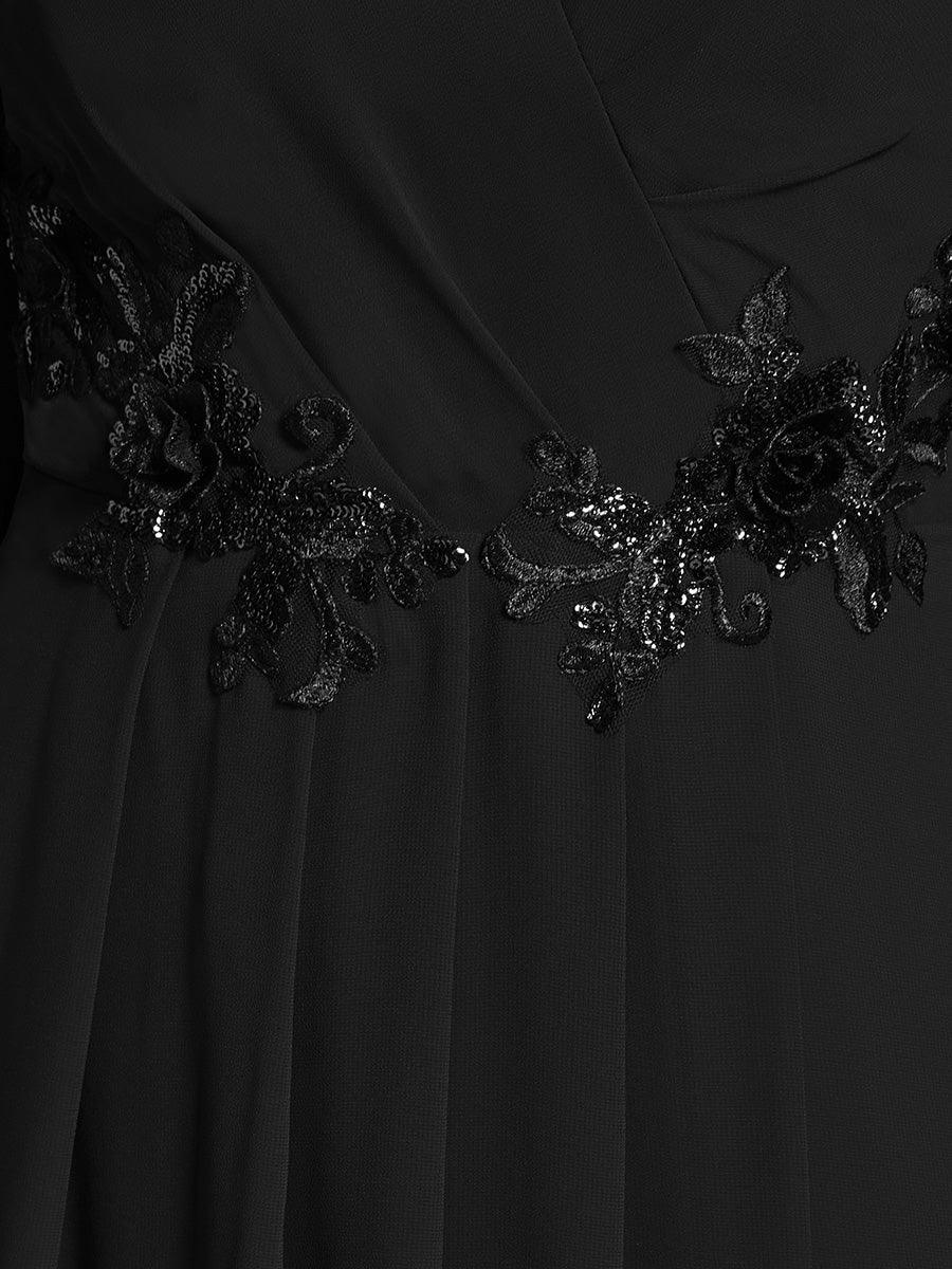 Robe d'invitée de mariage en mousseline de soie à manches longues et taille trapèze? #Couleur_Noir