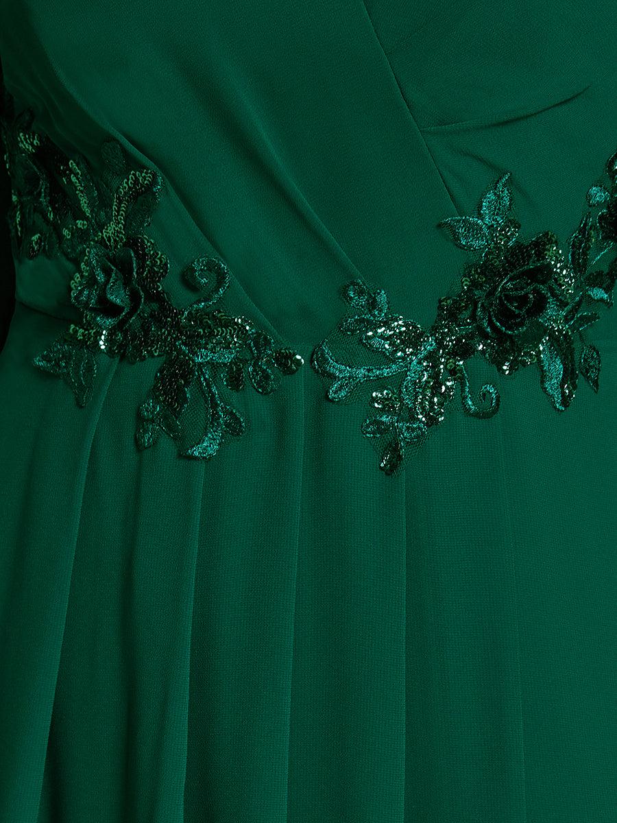 Robe d'invitée de mariage en mousseline de soie à manches longues et taille trapèze? #Couleur_Vert Fonce