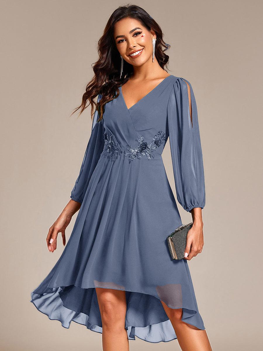 Robe d'invitée de mariage en mousseline de soie à manches longues et taille trapèze? #Couleur_Marine Fume