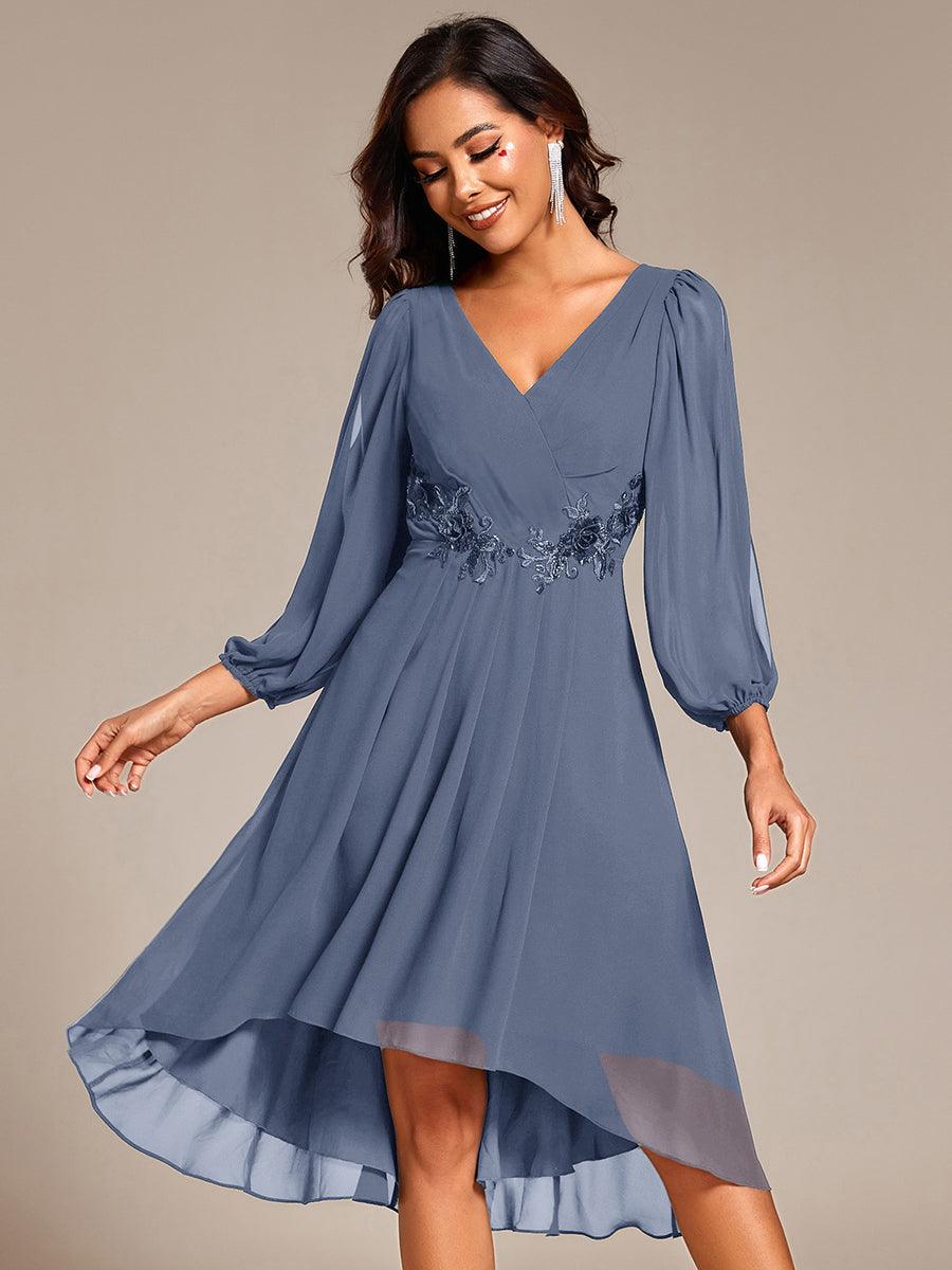 Robe d'invitée de mariage en mousseline de soie à manches longues et taille trapèze? #Couleur_Marine Fume