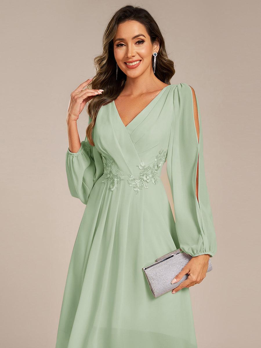 Robe d'invitée de mariage en mousseline de soie à manches longues et taille trapèze? #Couleur_Menthe Verte