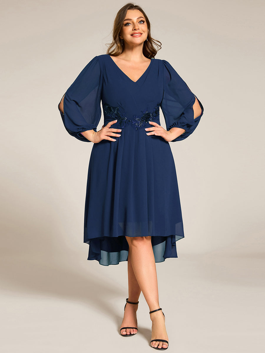 Robe d'invitée de mariage en mousseline à manches longues et col en V grande taille? #Couleur_Bleu Marine