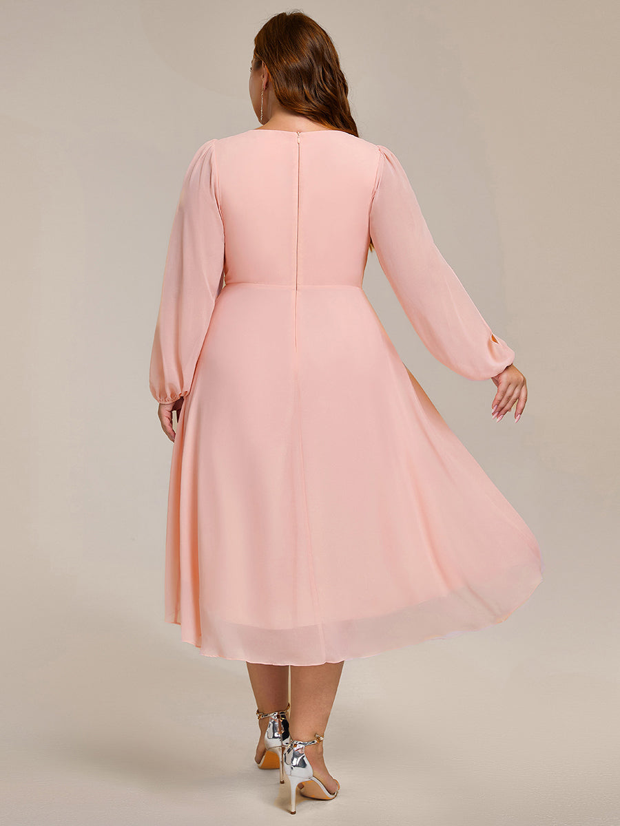 Robe d'invitée de mariage en mousseline de soie à manches longues et taille trapèze #Couleur_Rose