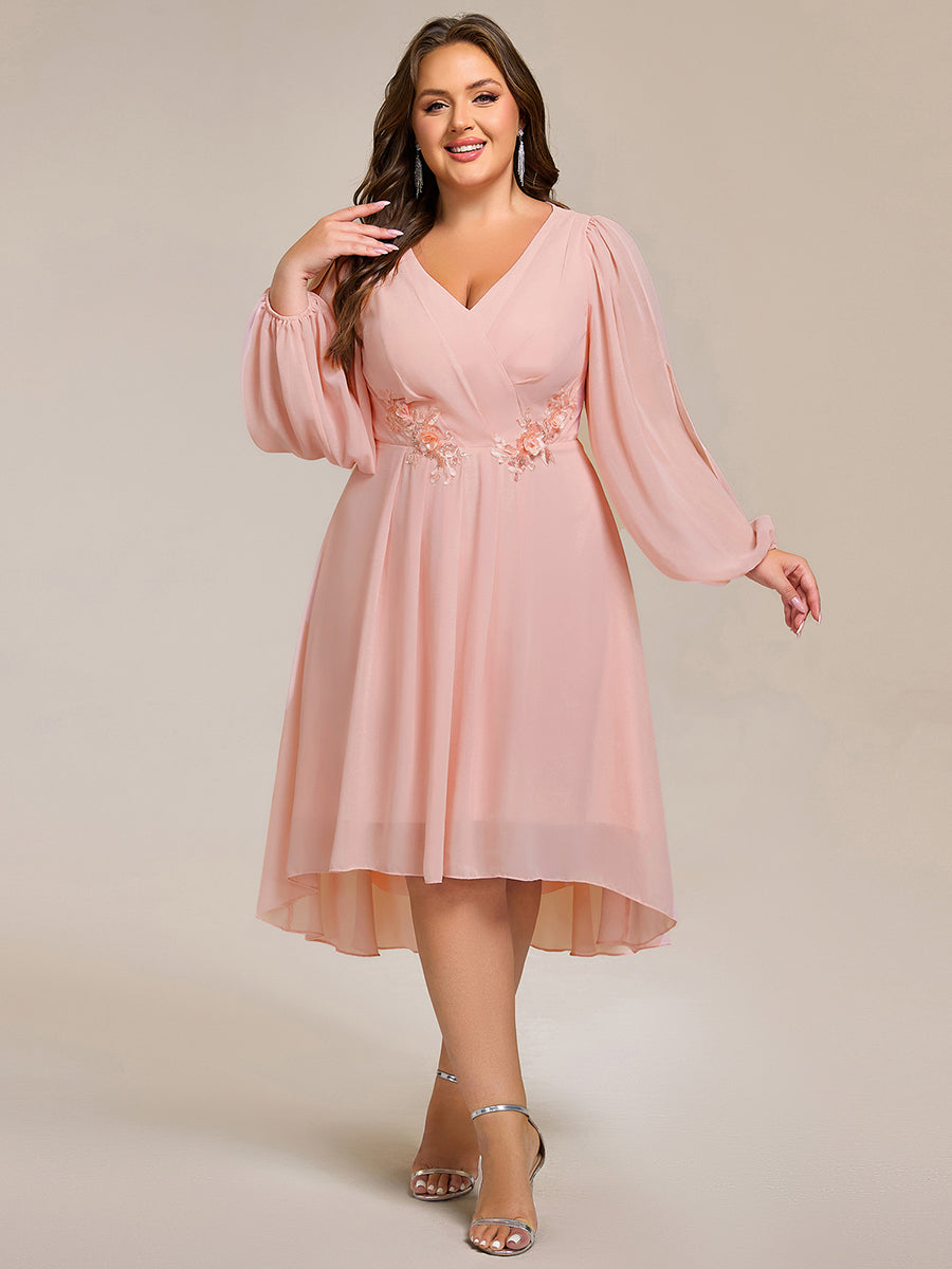 Robe d'invitée de mariage en mousseline de soie à manches longues et taille trapèze #Couleur_Rose