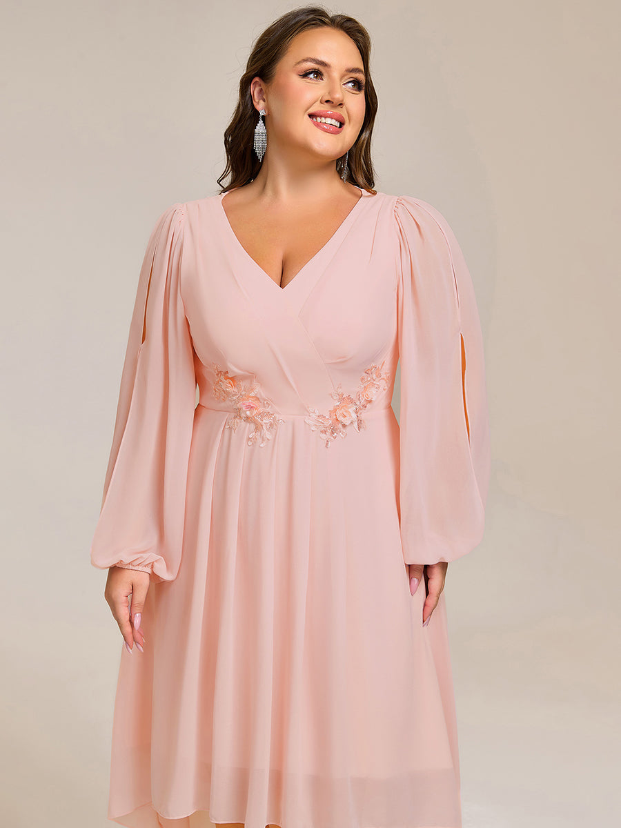 Robe d'invitée de mariage en mousseline de soie à manches longues et taille trapèze #Couleur_Rose
