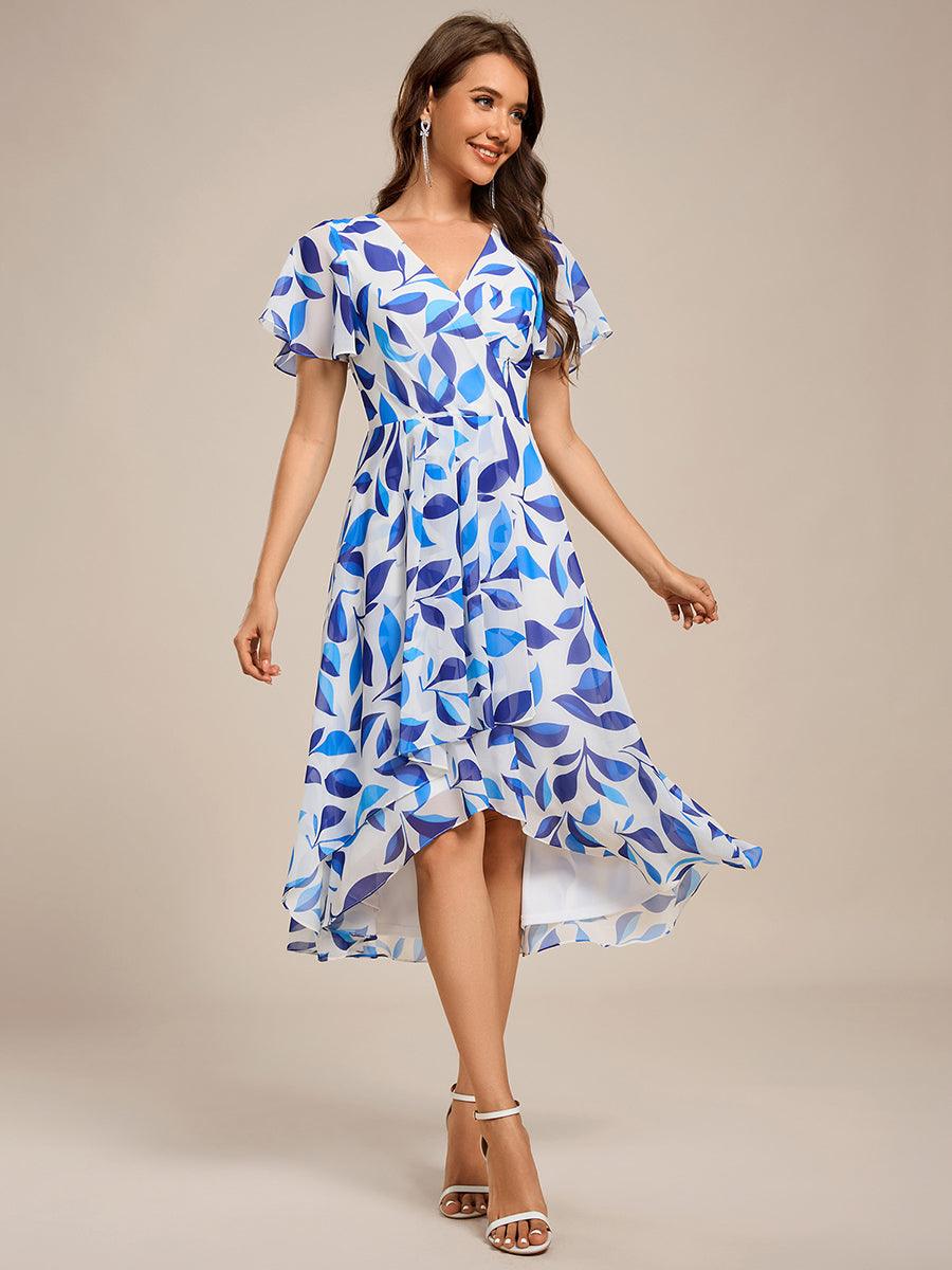 Robe mi-longue à manches courtes et volants florale pour invitée de mariage #Couleur_Floral Bleu