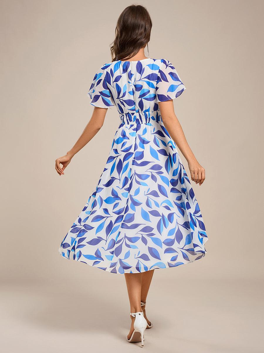 Robe mi-longue à manches courtes et volants florale pour invitée de mariage #Couleur_Floral Bleu