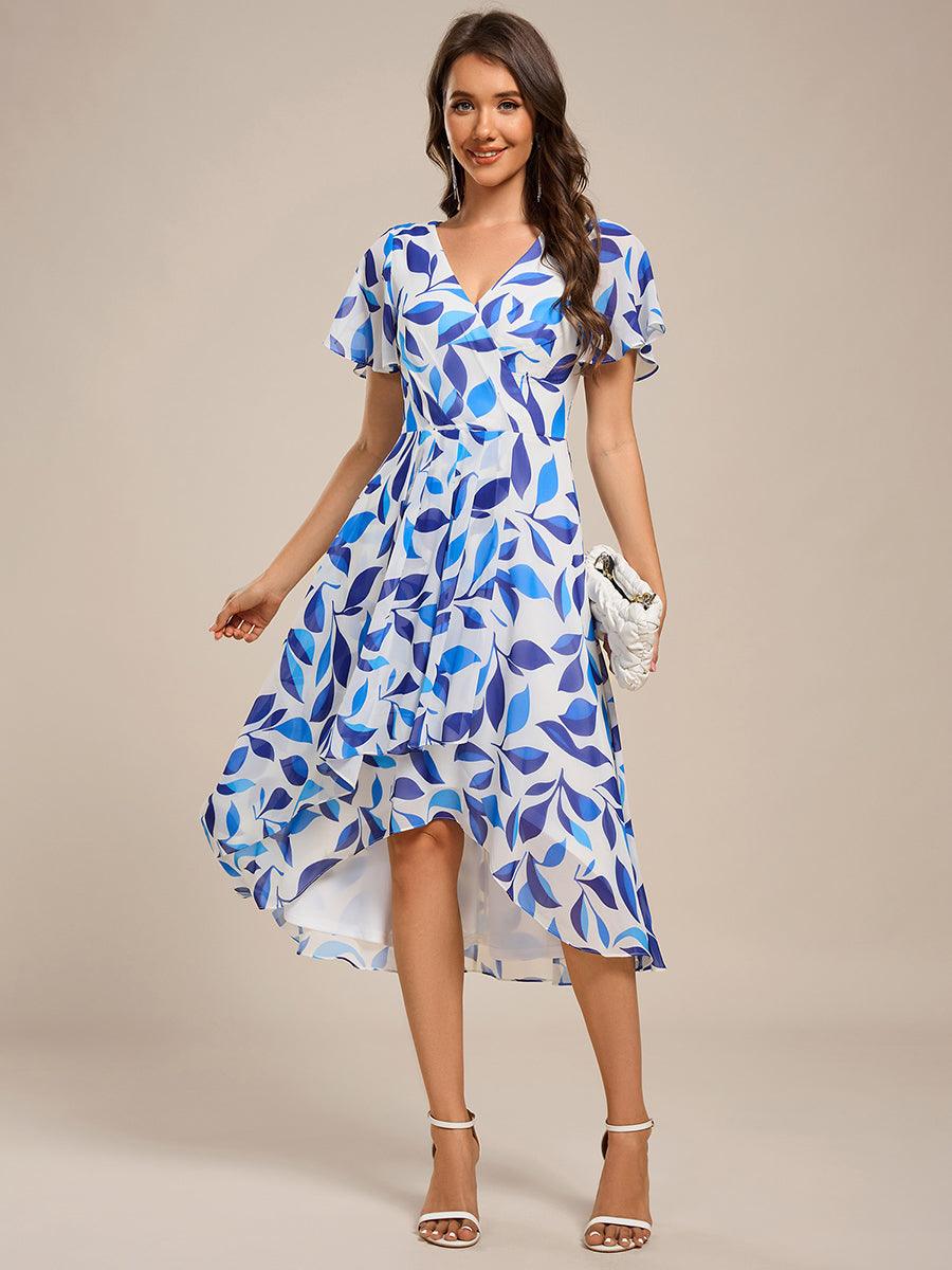 Robe mi-longue à manches courtes et volants florale pour invitée de mariage #Couleur_Floral Bleu