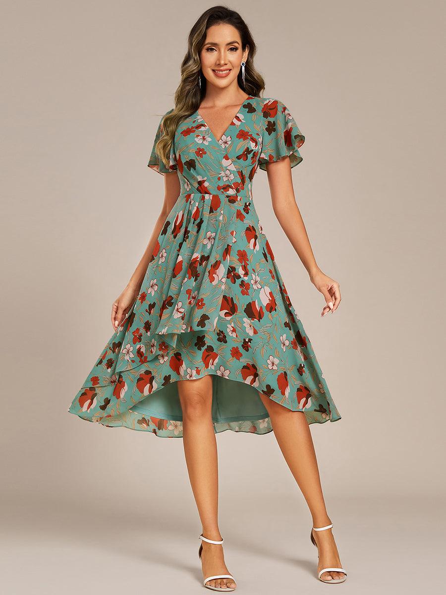 Robe mi-longue à manches courtes et volants florale pour invitée de mariage #Couleur_Floral Vert