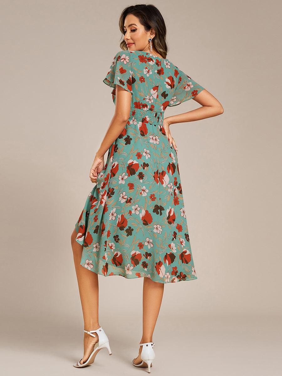 Robe mi-longue à manches courtes et volants florale pour invitée de mariage #Couleur_Floral Vert