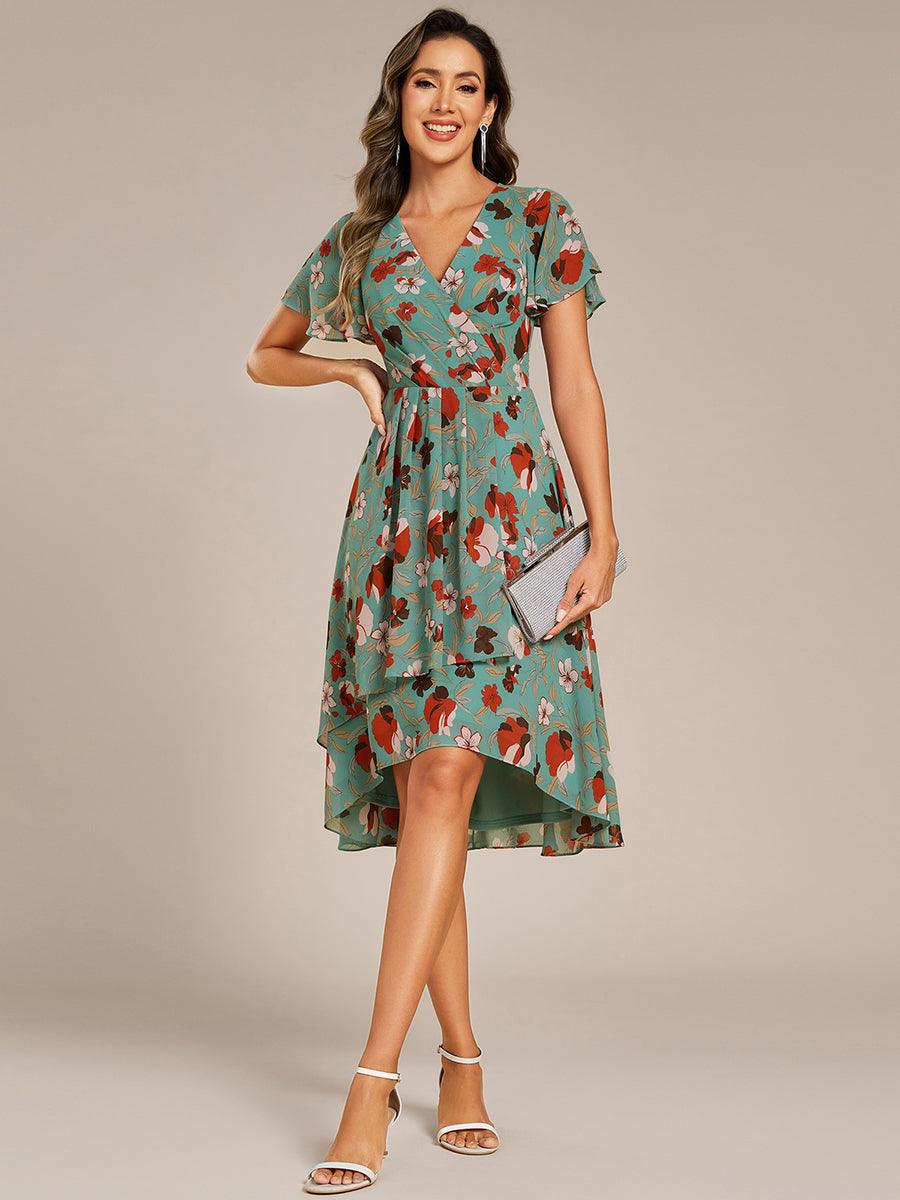 Robe mi-longue à manches courtes et volants florale pour invitée de mariage #Couleur_Floral Vert