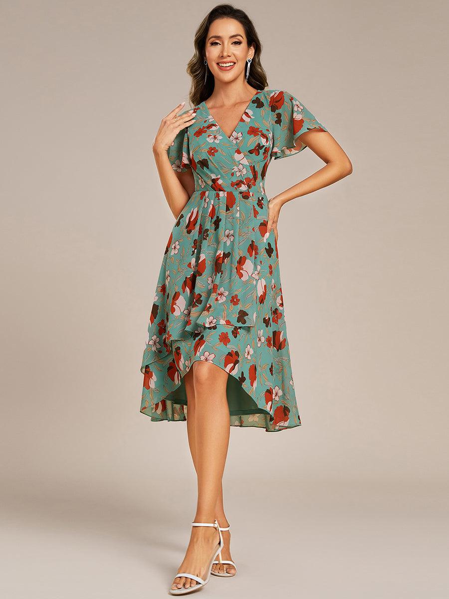 Robe mi-longue à manches courtes et volants florale pour invitée de mariage #Couleur_Floral Vert
