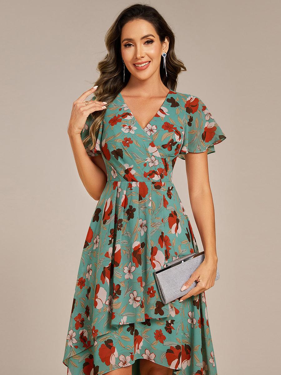 Robe mi-longue à manches courtes et volants florale pour invitée de mariage #Couleur_Floral Vert