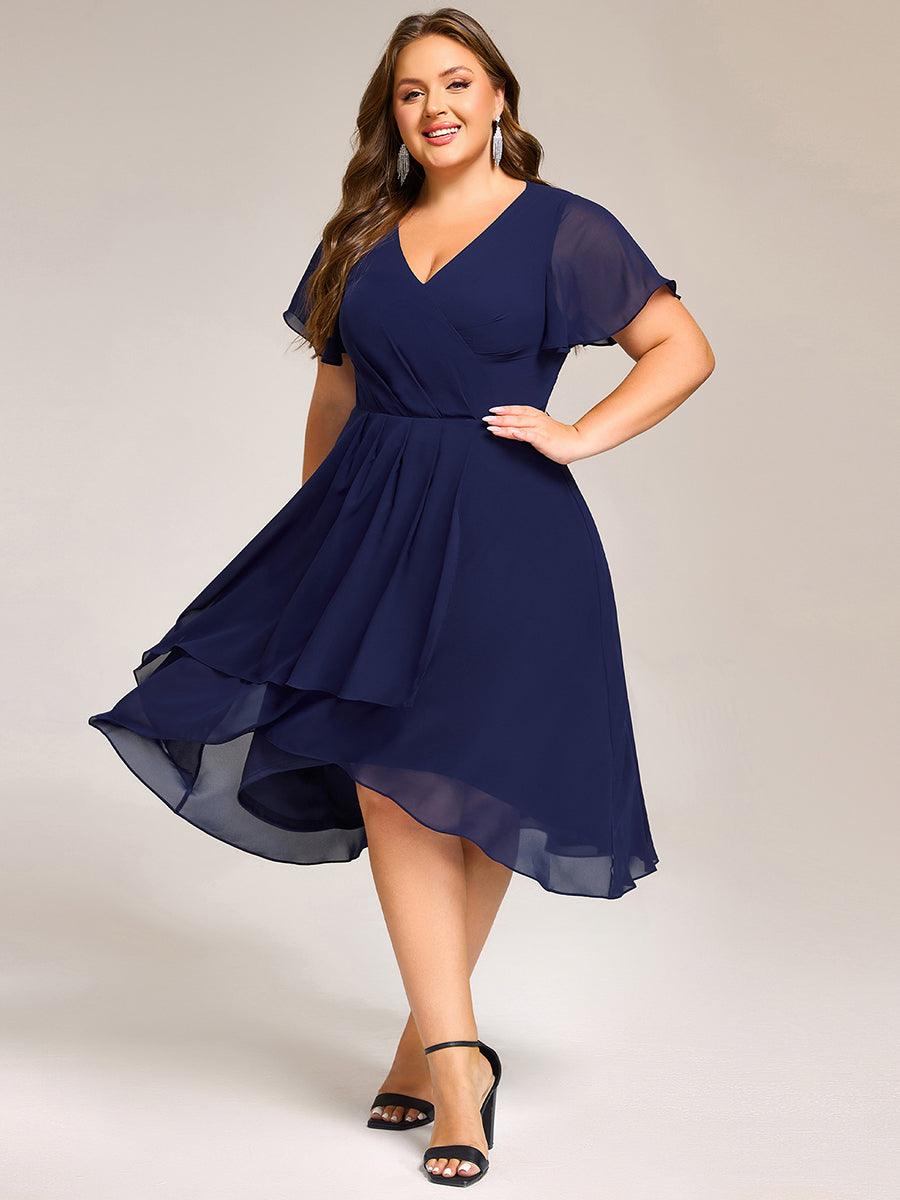 Robe mi-longue à manches courtes et volants florale pour invitée de mariage #Couleur_Bleu Marine
