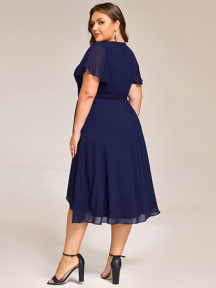 Robe mi-longue à manches courtes et volants florale pour invitée de mariage #Couleur_Bleu Marine