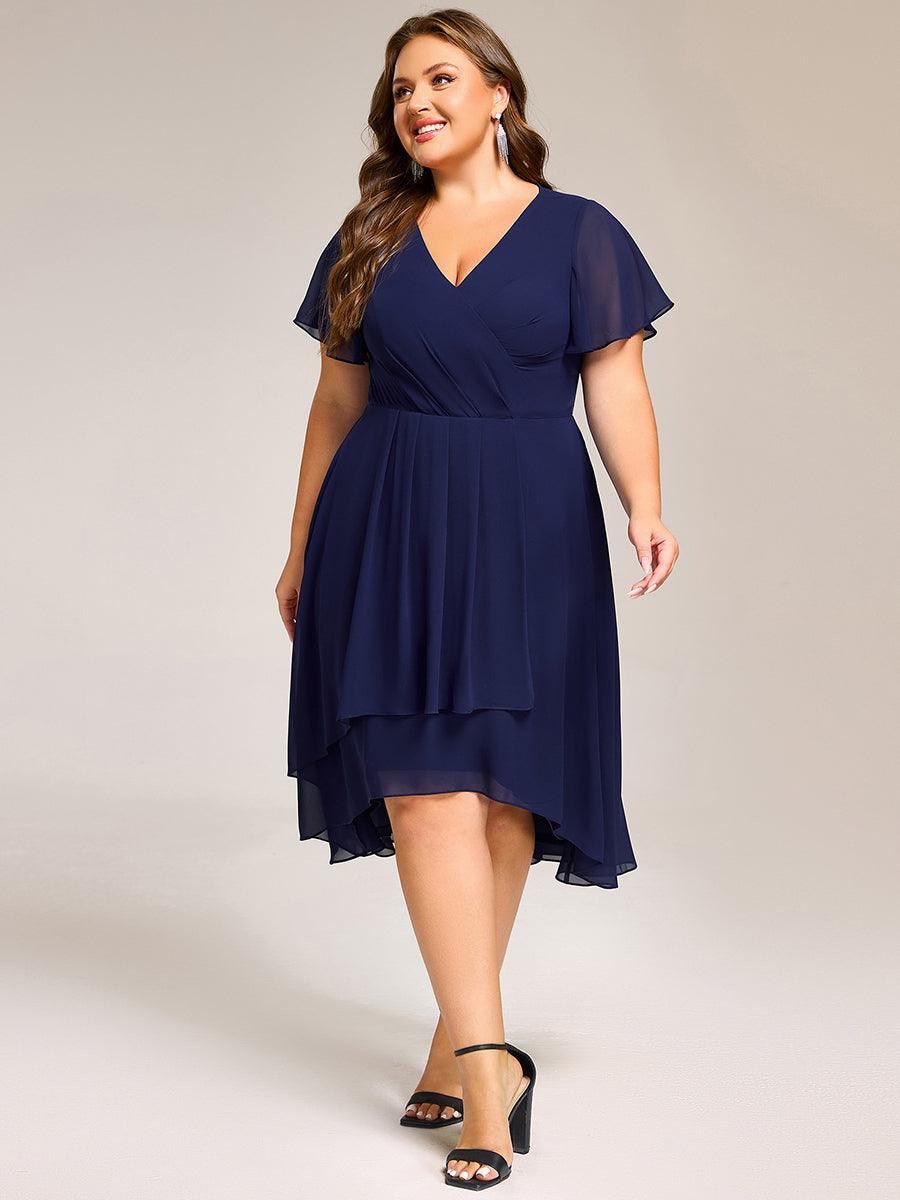 Robe mi-longue à manches courtes et volants florale pour invitée de mariage #Couleur_Bleu Marine