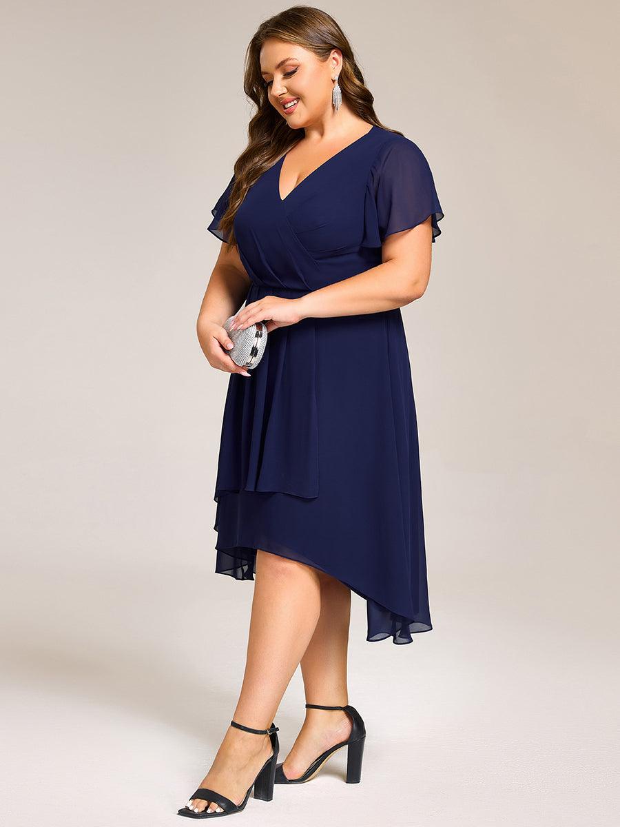 Robe mi-longue à manches courtes et volants florale pour invitée de mariage #Couleur_Bleu Marine