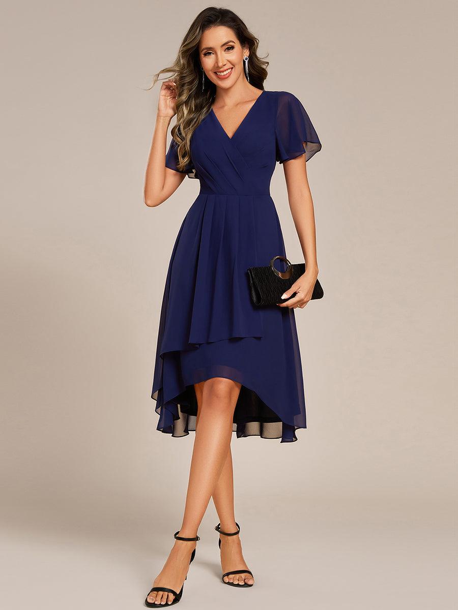 Robe mi-longue à manches courtes et volants florale pour invitée de mariage #Couleur_Bleu Marine