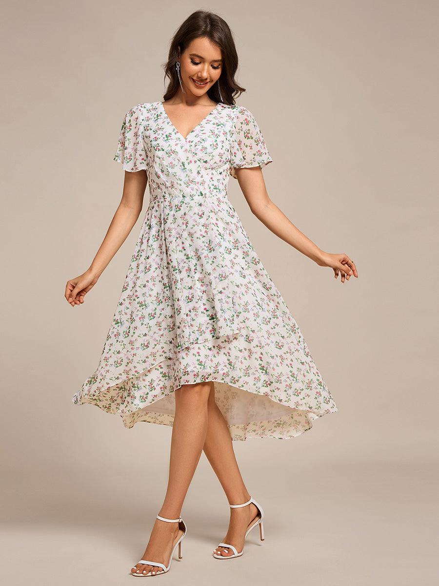 Robe mi-longue à manches courtes et volants florale pour invitée de mariage #Couleur_Blanc Vert