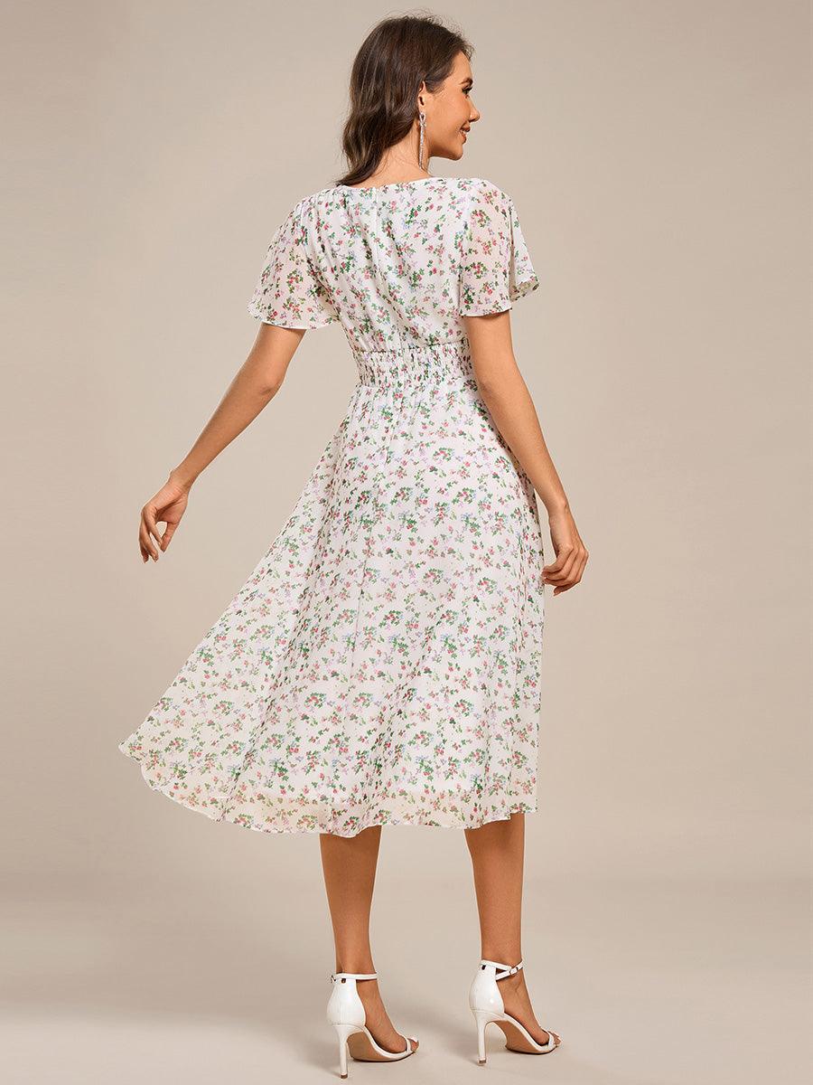 Robe mi-longue à manches courtes et volants florale pour invitée de mariage #Couleur_Blanc Vert