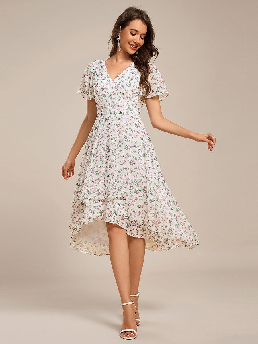 Robe mi-longue à manches courtes et volants florale pour invitée de mariage #Couleur_Blanc Vert