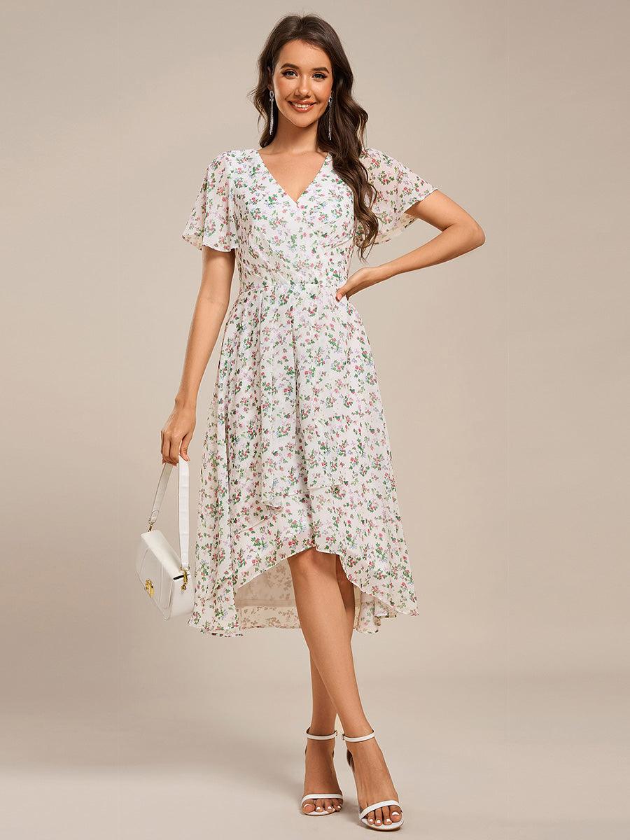Robe mi-longue à manches courtes et volants florale pour invitée de mariage #Couleur_Blanc Vert