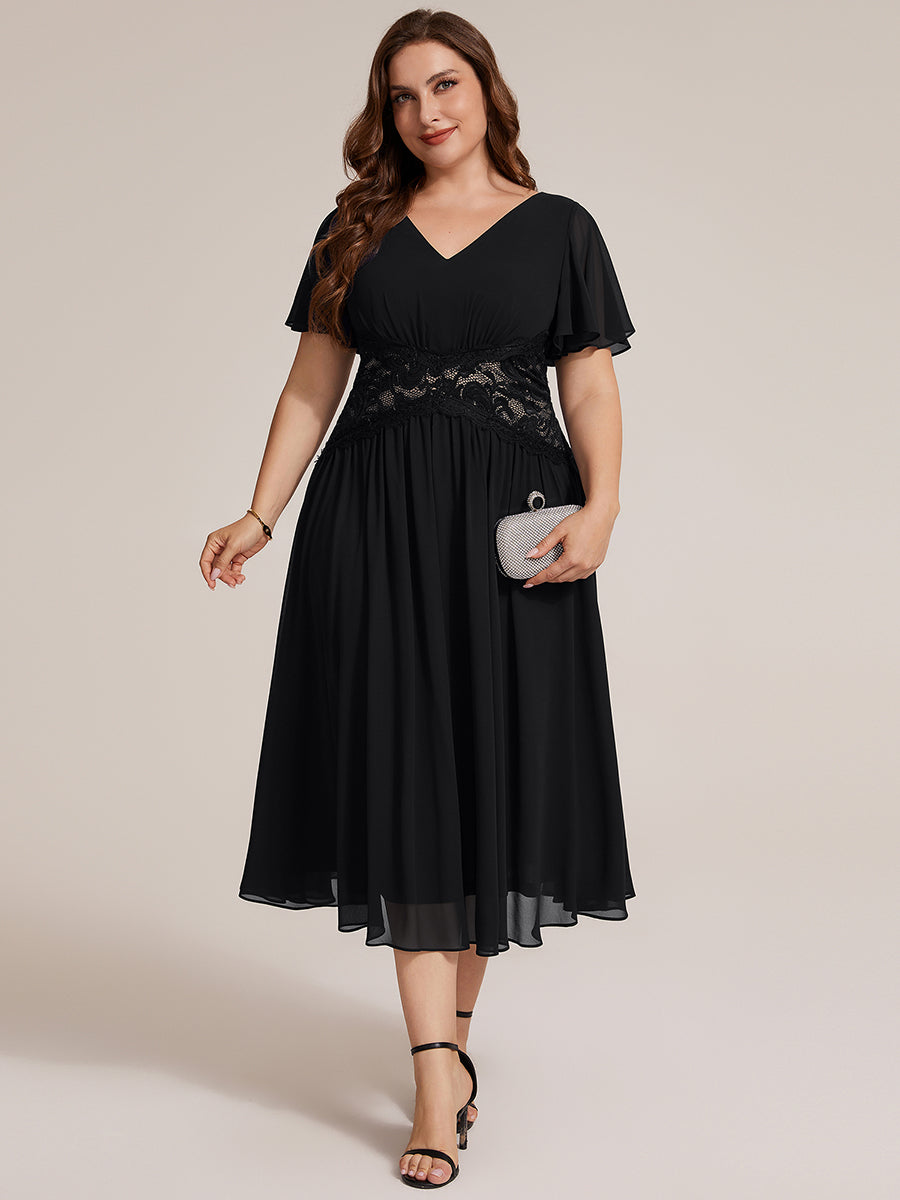 robe midi à col en V volantée à manches courtes sans élasthanne en A #Couleur_Noir