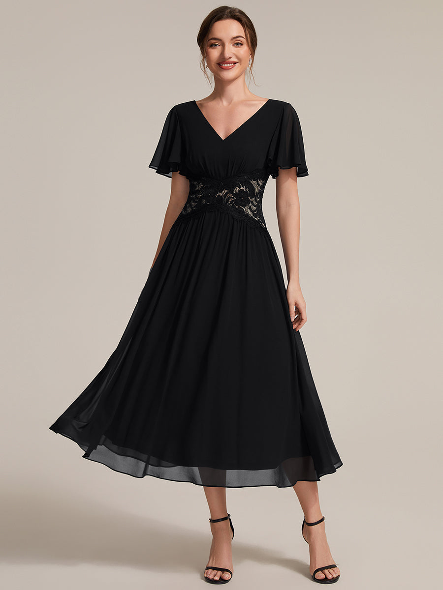 robe midi à col en V volantée à manches courtes sans élasthanne en A #Couleur_Noir