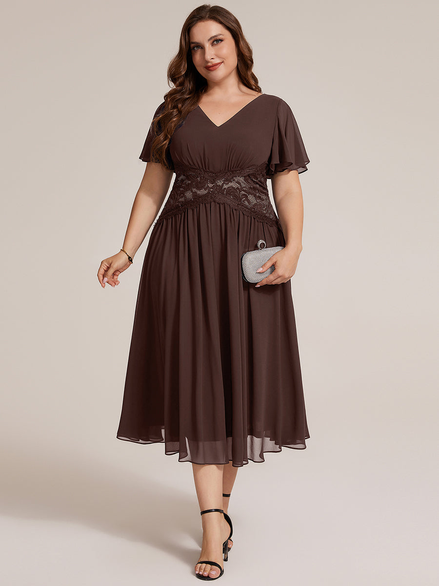 robe midi à col en V volantée à manches courtes sans élasthanne en A #Couleur_Marron chocolat