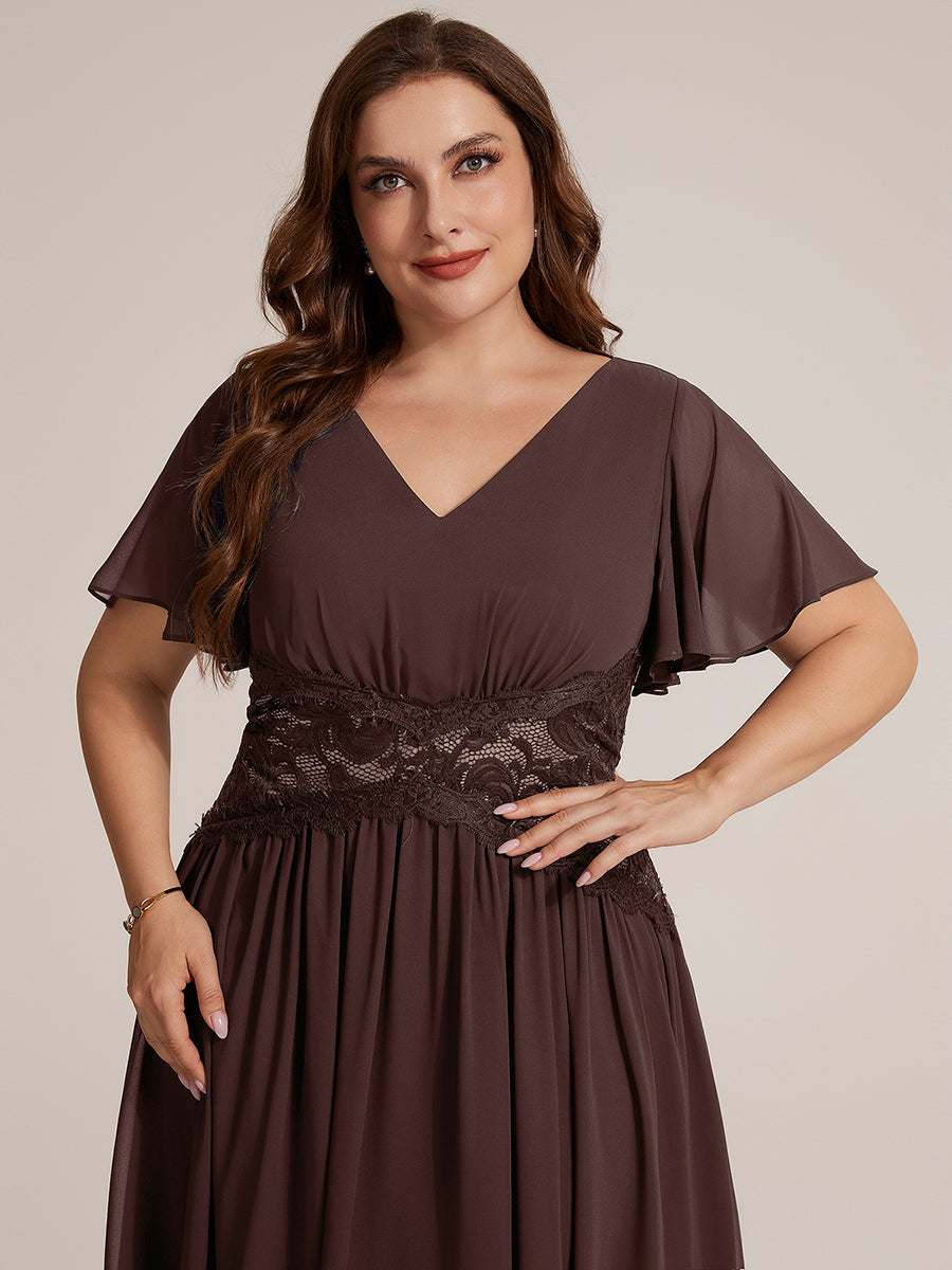 robe midi à col en V volantée à manches courtes sans élasthanne en A #Couleur_Marron chocolat