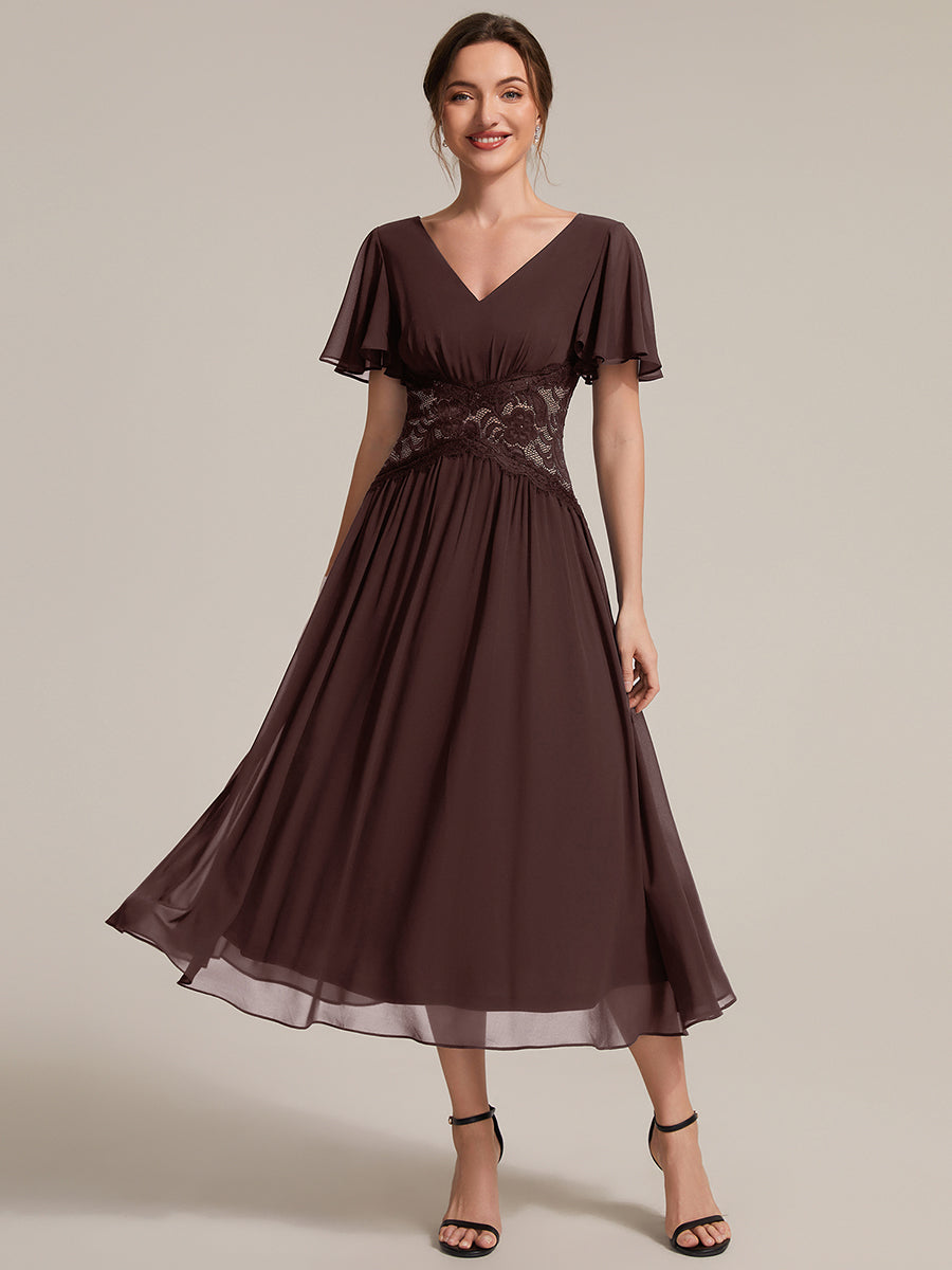 robe midi à col en V volantée à manches courtes sans élasthanne en A #Couleur_Marron chocolat