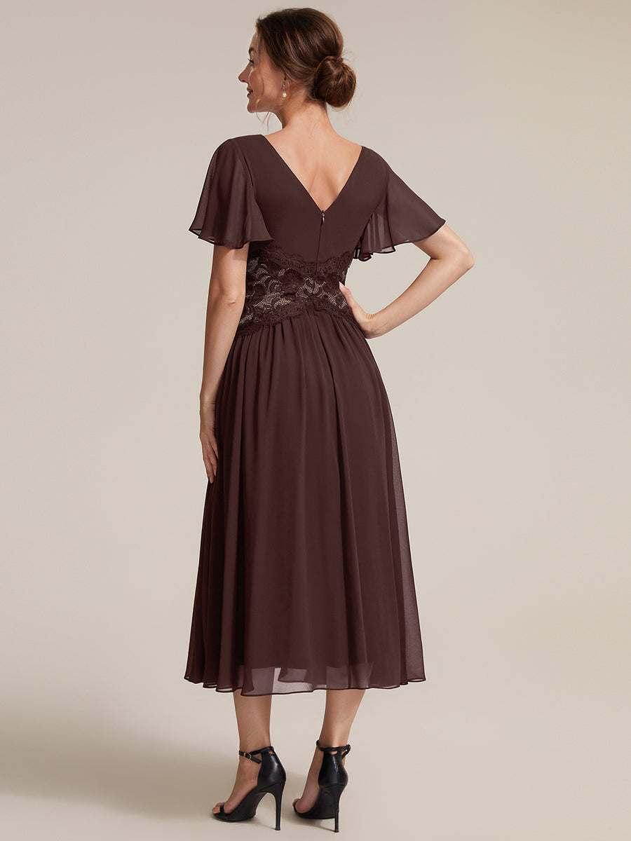 robe midi à col en V volantée à manches courtes sans élasthanne en A #Couleur_Marron chocolat