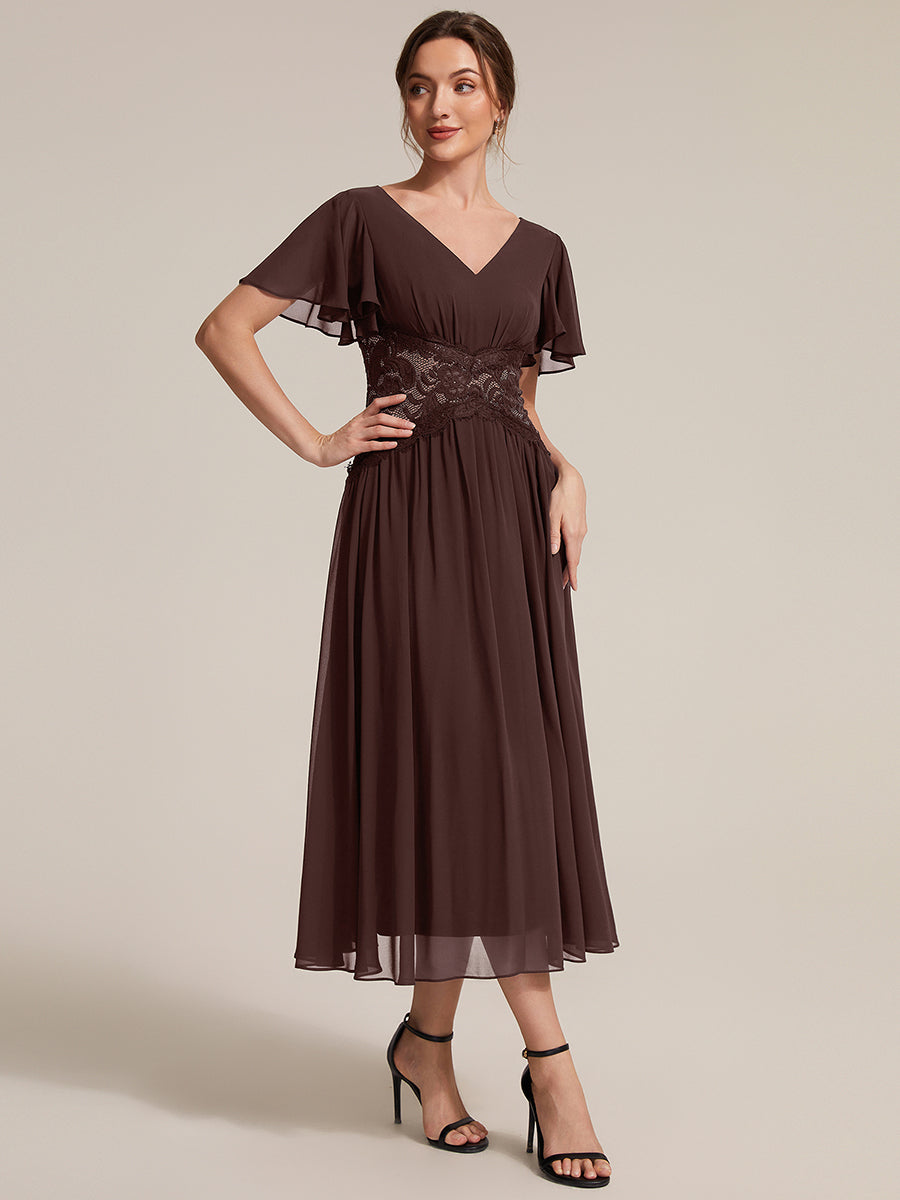 robe midi à col en V volantée à manches courtes sans élasthanne en A #Couleur_Marron chocolat