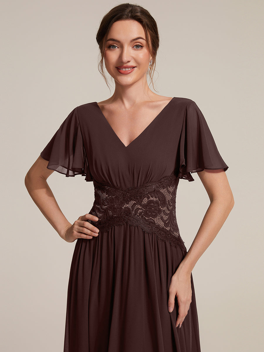 robe midi à col en V volantée à manches courtes sans élasthanne en A #Couleur_Marron chocolat
