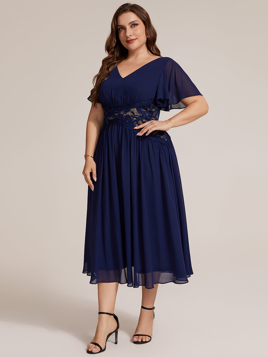 robe midi à col en V volantée à manches courtes sans élasthanne en A #Couleur_Bleu Marine