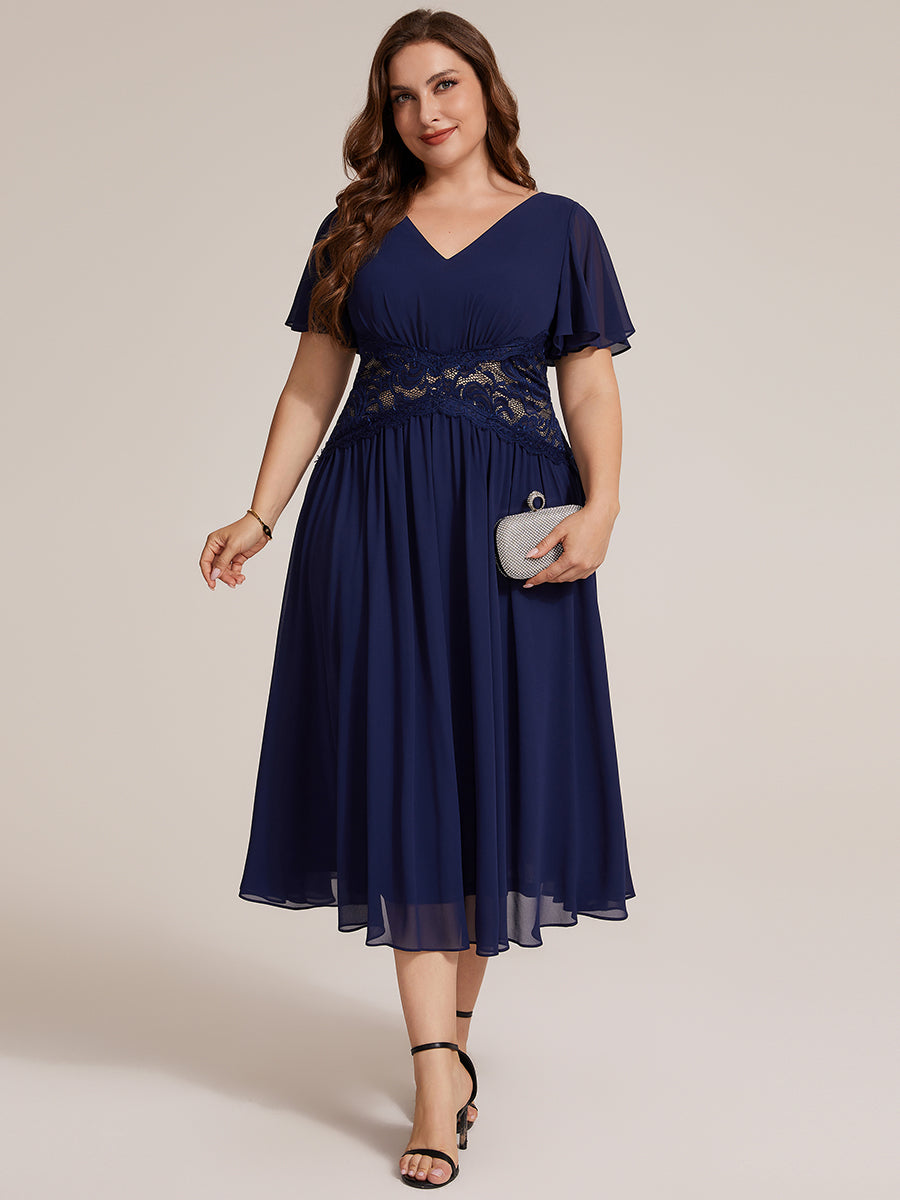 robe midi à col en V volantée à manches courtes sans élasthanne en A #Couleur_Bleu Marine