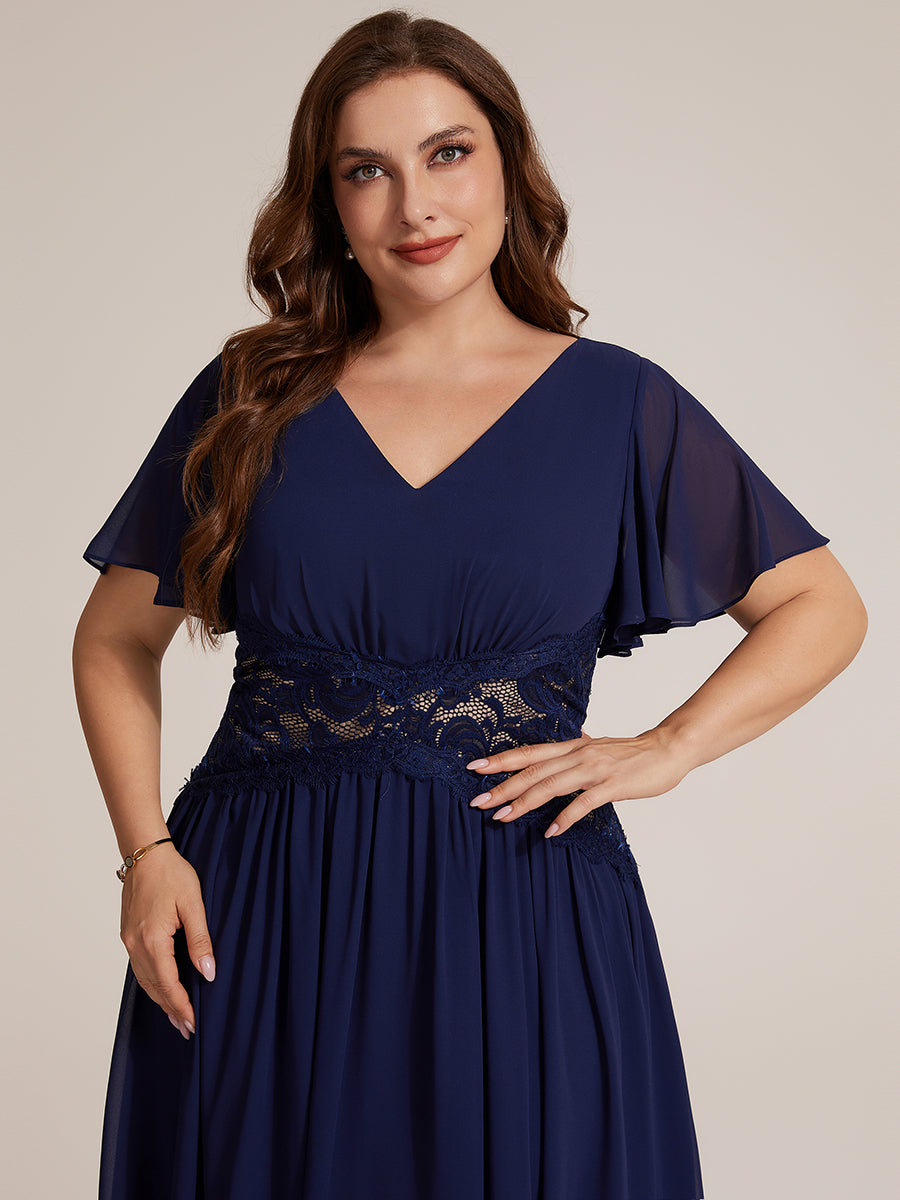 robe midi à col en V volantée à manches courtes sans élasthanne en A #Couleur_Bleu Marine