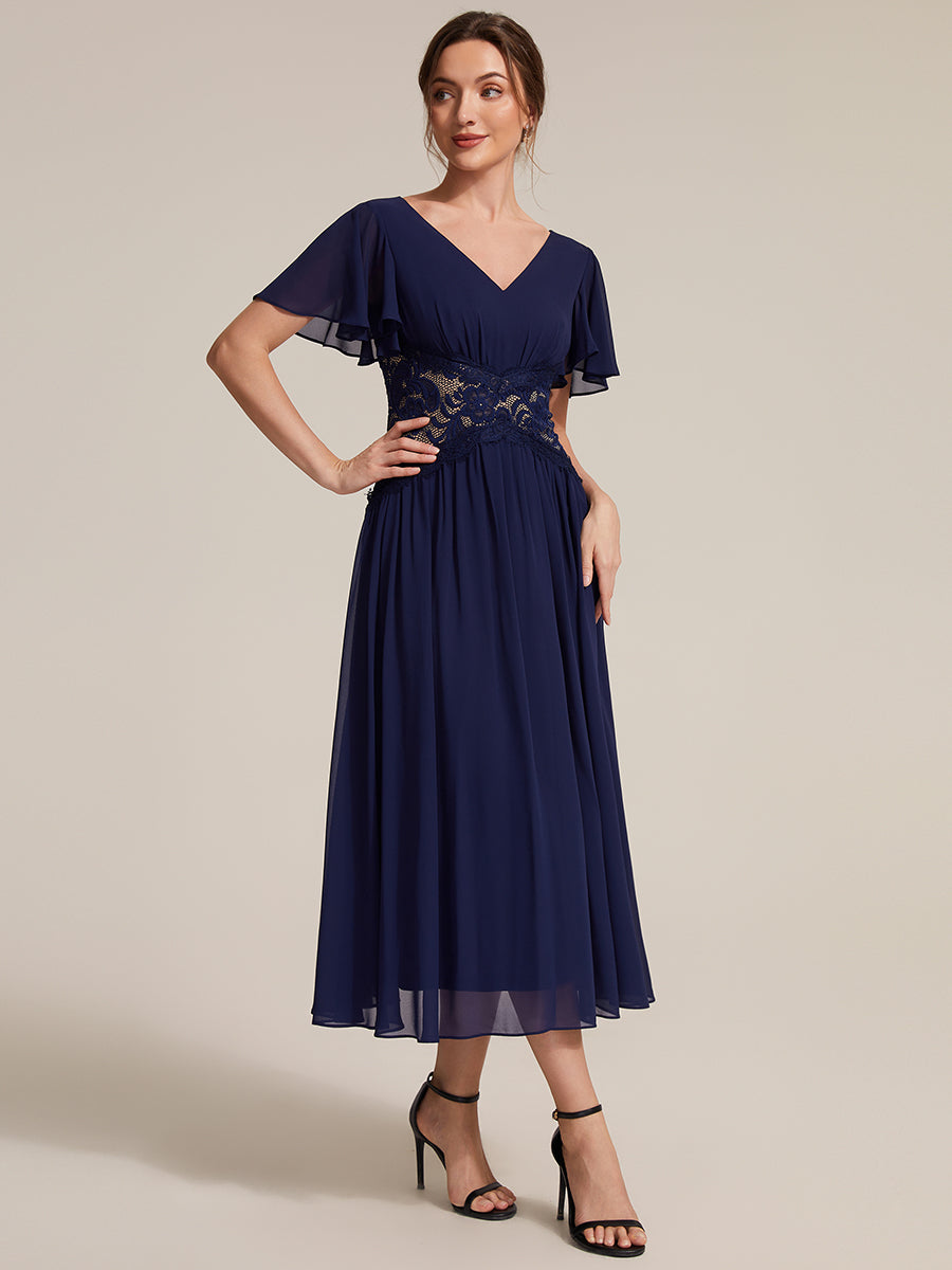 robe midi à col en V volantée à manches courtes sans élasthanne en A #Couleur_Bleu Marine