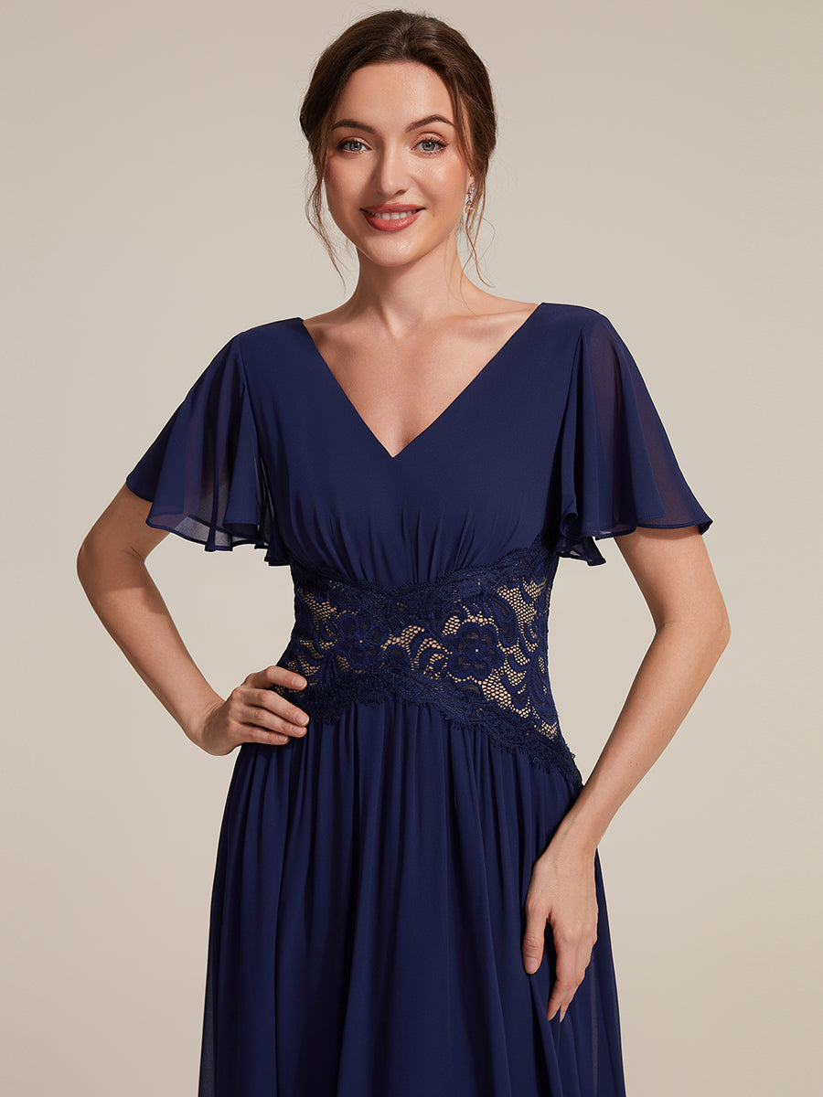 robe midi à col en V volantée à manches courtes sans élasthanne en A #Couleur_Bleu Marine